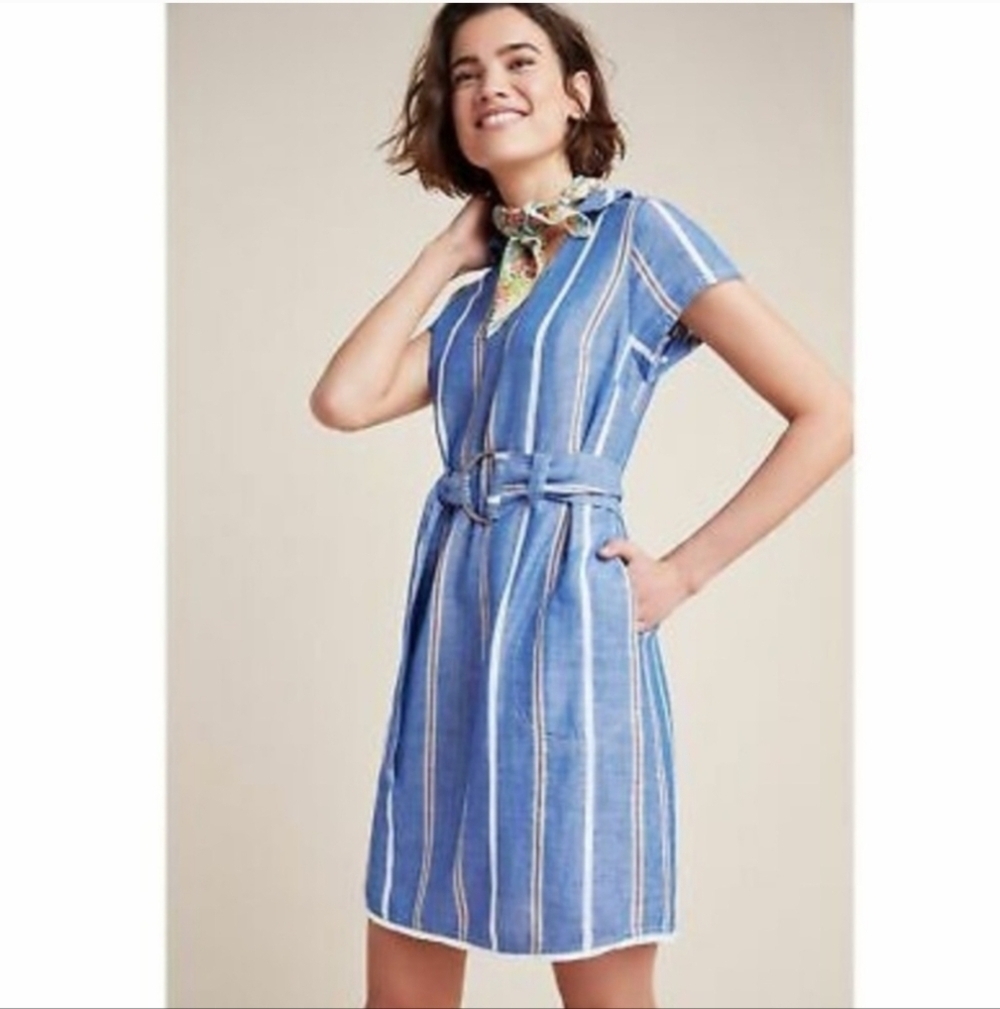 Anthropologie Pilcro Linen Stripe Dress size 4 Cotton Linen Blue White Pockets